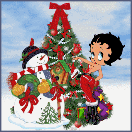 Free Christmas Wallpaper on Betty Boop With Snowman  In Front Of A Decorated Christmas Tree