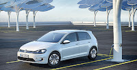 A Volkswagen e-Golf charges in a parking lot. Some analysts worry that the terms of Volkswagen AG's settlement — which call for the carmaker to inject $2 billion into the electric vehicle market — will give VW a leg up on its competition. (Photo Credit: Volkswagen) Click to Enlarge.