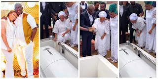 Sammie Okposo’s Wife, Ozioma Weeps Profusely As She Pours Sand Into Husband’s Grave