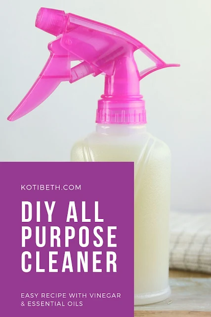 How to make a DIY natural all purpose cleaner with essential oils. Use this homemade recipe in the kitchen, shower, and bathroom. Use lemon essential oil and tea tree or learn how to make a Thieves oil blend. This is made with vineger and the best DIY spray cleaner I've found. Save money with a home made DIY vinegar EO spray cleaner. #essentialoils #cleaning