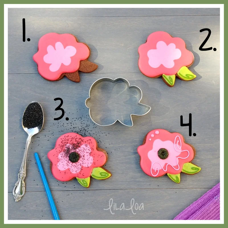 Fantasy flower or easy rose chocolate sugar cookie decorating tutorial with step by step instructions