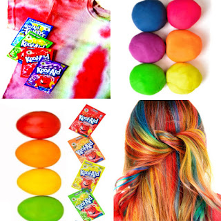 Fun & creative ways to use Kool-aid- crafts, recipes, cleaning hacks, hair dye, playdough, and more! #koolaid #koolaidcraftsforkids #koolaidcrafts #koolaidrecipes #koolaidactivities #koolaidexperiment #koolaidhacks #koolaidhairdye #koolaidplaydough #koolaidpickles #growingajeweledrose