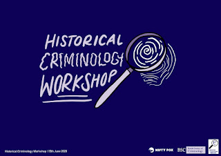 Creative graphic showing text "Historical Criminology Workshop" in grey against a purple background illustrated with a magnifying glass and thumbprint.