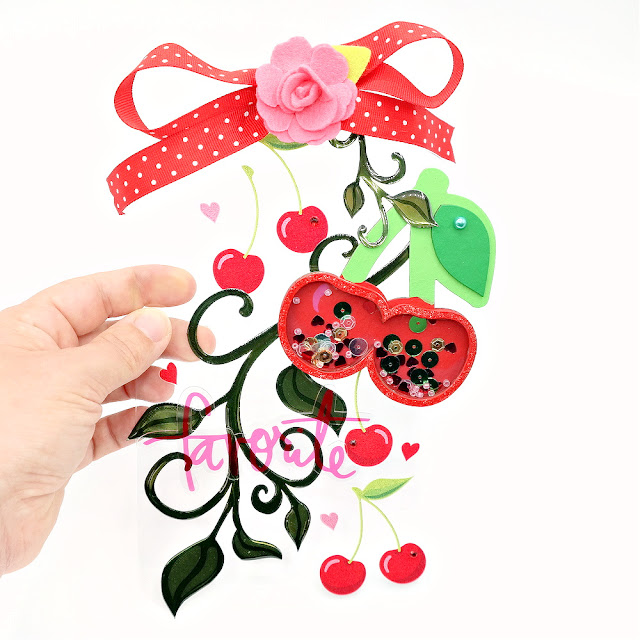 Clear Acrylic Cherry Shaker Tag with Green Vine Stickers and Red Glittered Cherry Rub-Ons