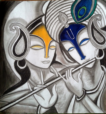 Painting of Lord Krishna and Radha playing flute