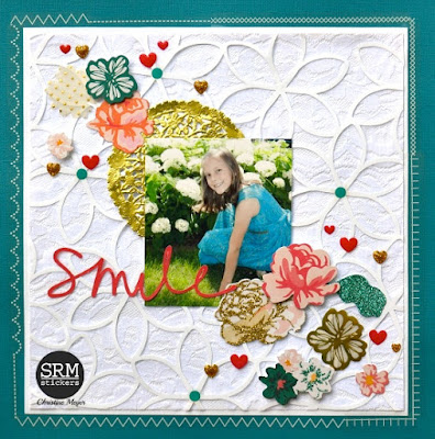 SRM Stickers Blog - Lace Layout by Christine Meyer - #lace #layout #stickers #stickerstitches #golddoily #doily