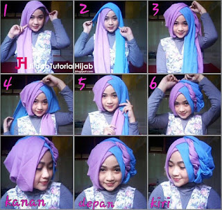 Tutorial Hijab Segi Empat 2 Warna style turban untuk Wisuda dan Lebaran Idul Fitri. Jilbab segi empat dilipat jadi segitiga.