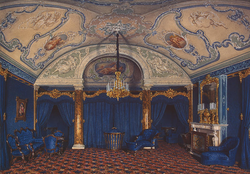 Interiors of the Winter Palace. The Fourth Reserved Apartment. A Bedroom by Edward Petrovich Hau - Architecture, Interiors Drawings from Hermitage Museum
