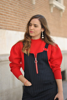 Blue dress & oversize red sweater