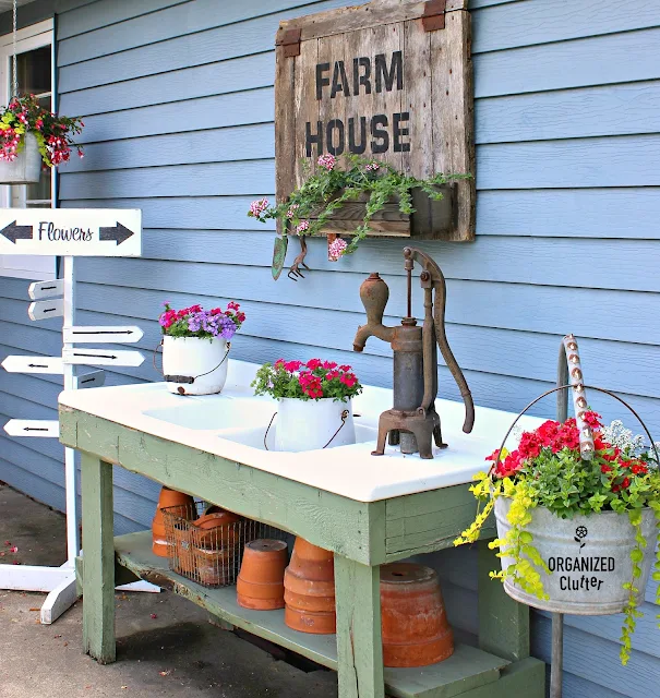 Rustic Potting Sink/Bench Decor & Annuals organizedclutter.net