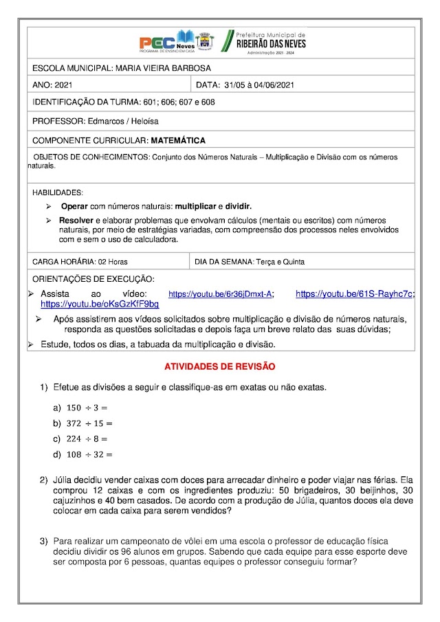 ATIVIDADE DE MATEMÁTICA - PROF.EDMARCOS. 31/05 A 04/06/2021