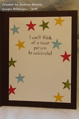 Inside of card stamped with a birthday sentiment and red, yellow, green and blue stars.