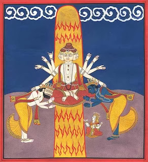 Brahma and Vishnu witness Shiva emerging from the Shiva Lingam, the cosmic pillar of fire.