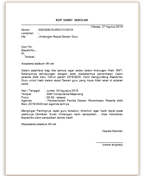 Contoh Surat Undangan Rapat Guru Yang Benar Bloggadogado