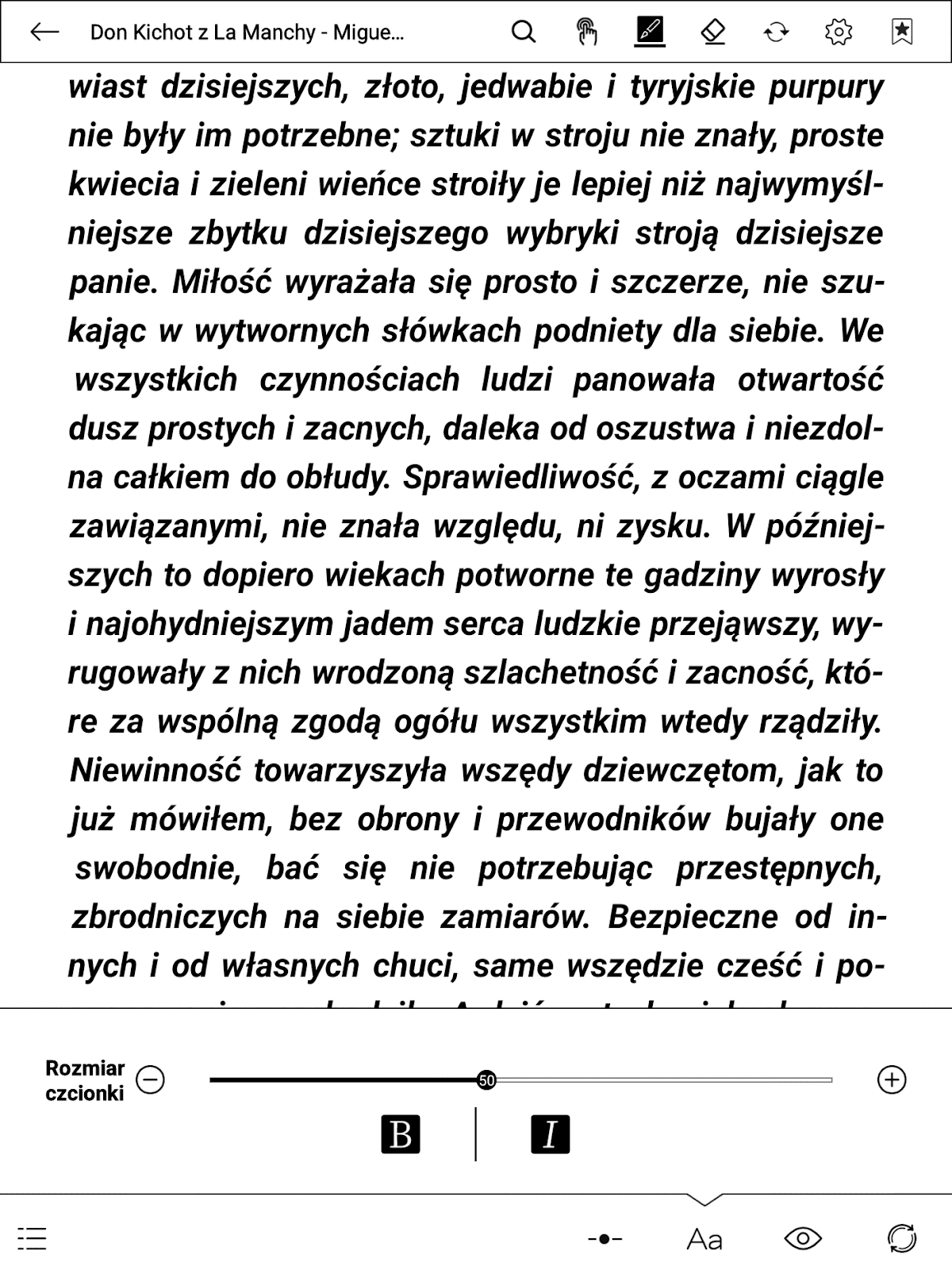 Włączone pogrubienie i pochylenie czcionki w ustawieniach e-booka w aplikacji Xreader na PocketBook InkPad X Pro