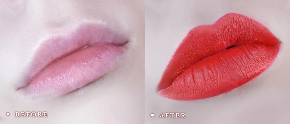 collage with two images showing lips before and after red matte lipstick