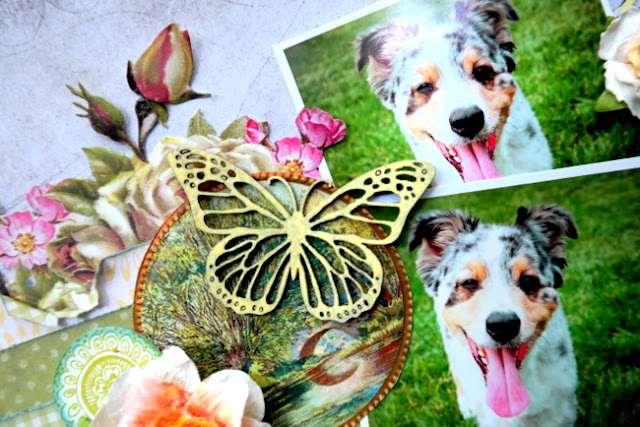 Multi-Photo Dog Scrapbook Layout with Floral and Chipboard Accents