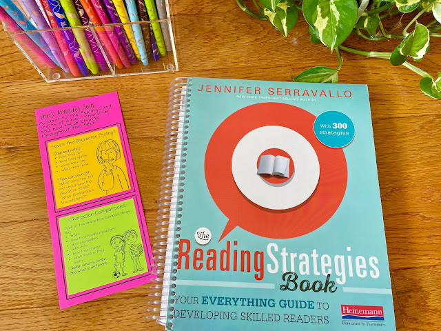 Photo of Jennifer Serravallo's Reading Strategies Book with strategy bookmark.