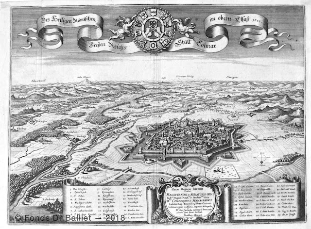 Des Heiligen Rœmischen Freyen Reichs Statt Colmar im Obern Elsass 1643 (Merian, Matthäus (1593-1650). In :  « Topographia Alsatia », Hoffmann W, Francfort, 1644)