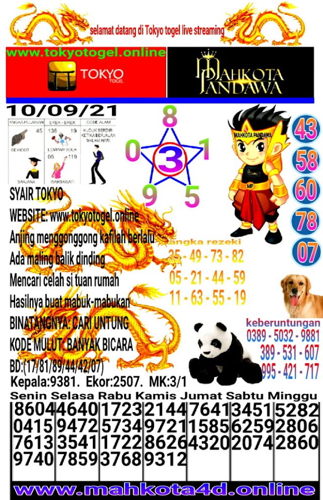 Syair Prediksi Tokyo Togel Jum'at, 10 - September - 2021