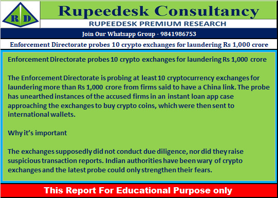 Enforcement Directorate probes 10 crypto exchanges for laundering Rs 1,000 crore - Rupeedesk Reports - 11.08.2022