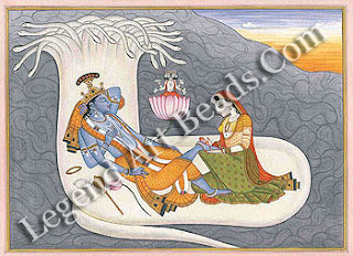 Padmanabha: Vishnu reclining over the cosmic waters on the endless coils of the serpent of Time with the lotus of life rising out of his navel on which sits Brahma, the creator