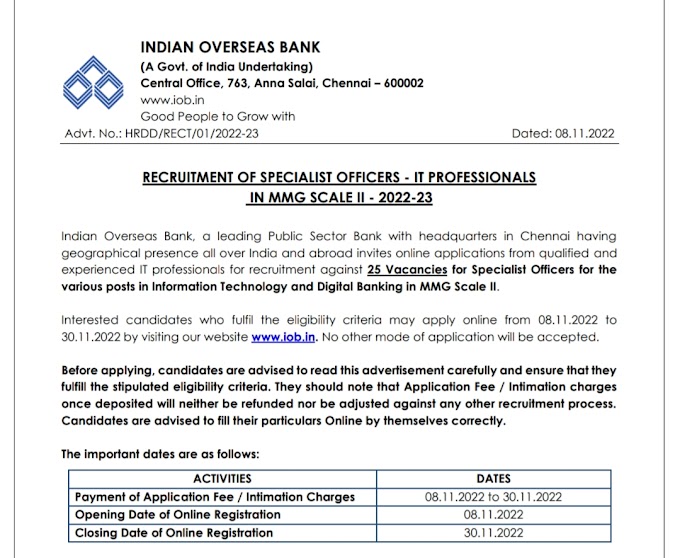 INDIAN OVERSEAS BANK RECRUITMENT OUT