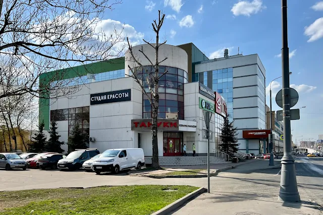 Рязанский проспект, торговый центр 2004 года постройки, бизнес-центр «Хамелеон» (построен в 1992 году)
