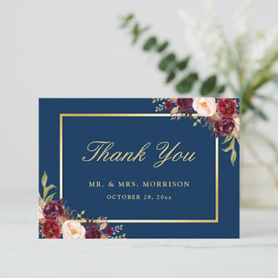  Burgundy Floral Gold Navy Blue Thank You Card