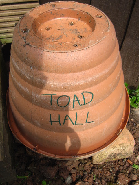 Upside down plant pot on top of the stones with toad hall written on it