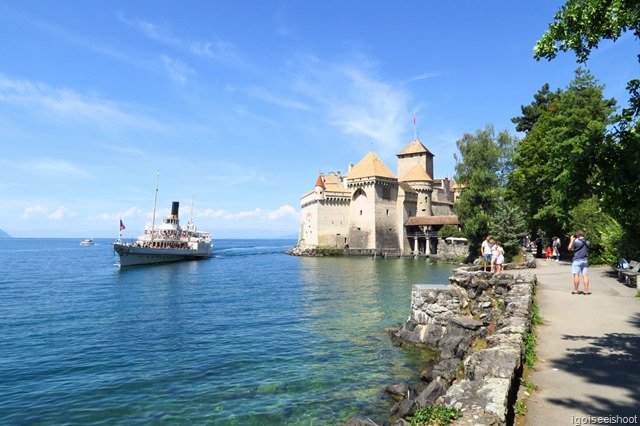 Passenger ferry arriving at Chillon Castle.