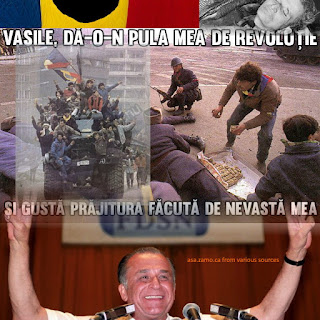 composite of a civilian who had brought cake to the soldiers, Ceausescu dead and Iliescu victorious