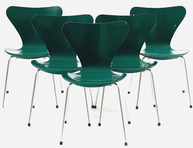 1978 teal chairs by Arne Jacobsen