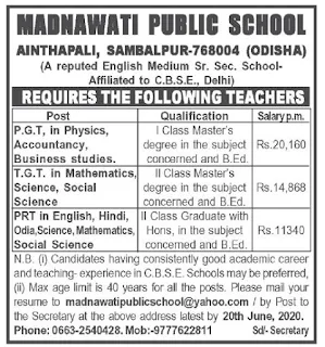 Sambalpur, Madnawati Public School TGT, PGT, PRT Teacher Faculty Recruitment2020