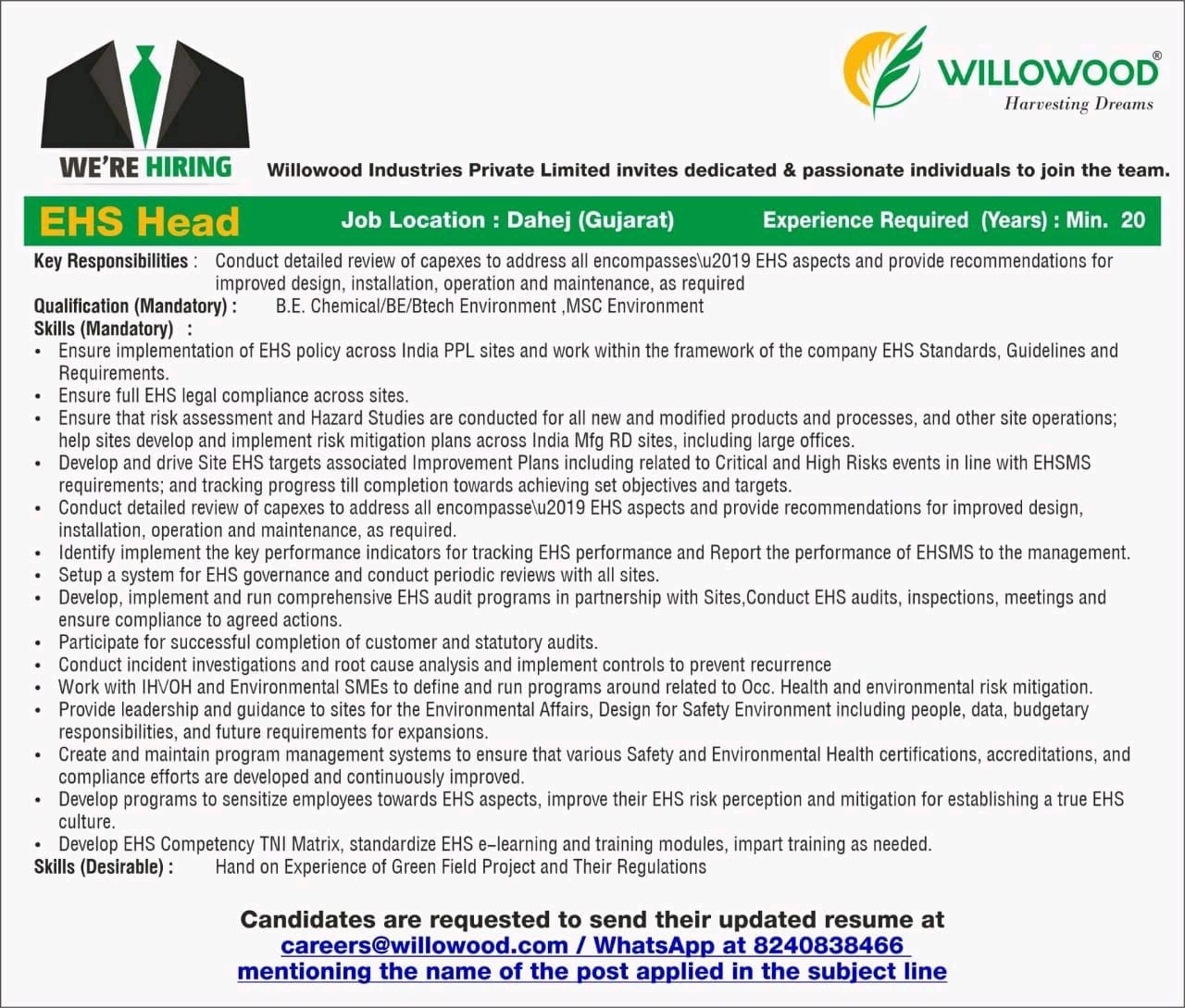 Job Availables,Willowood Industries Private Limited Job Vacancy For BE Chemical/ BE/ B.Tech Environment/ MSc Environment