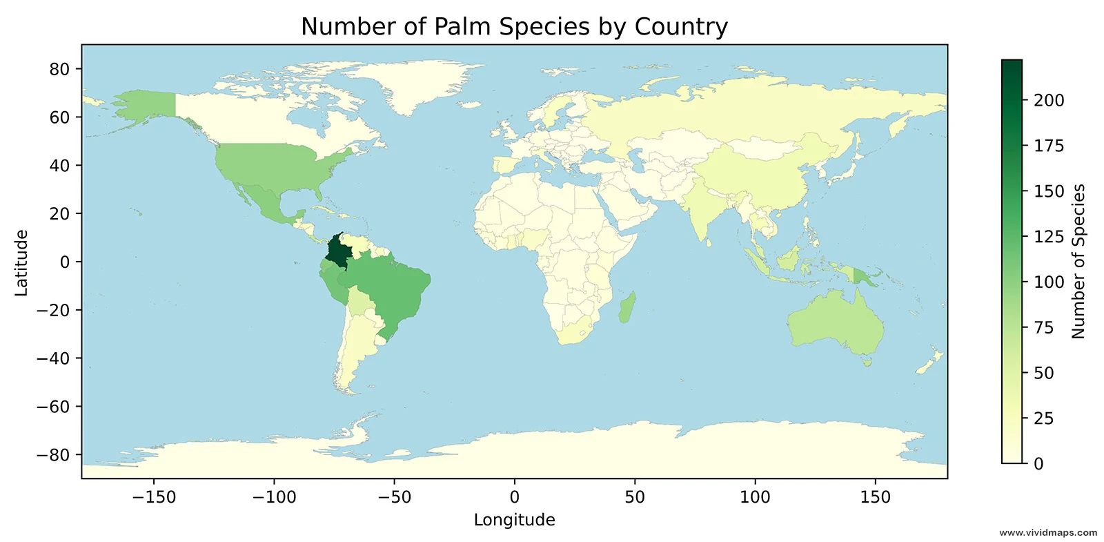 Which country has the most palm species?