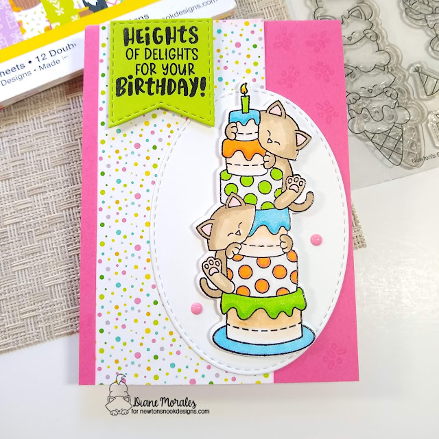 Birthday Card with cake and cats by Diane Morales | Newton's Birthday Delights Stamp, Birthday Meows Paper Pad and Oval Frames Die Set by Newton's Nook Designs
