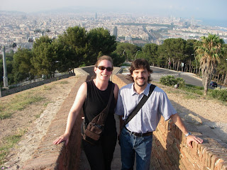Eve with colleague and Barcelona behind