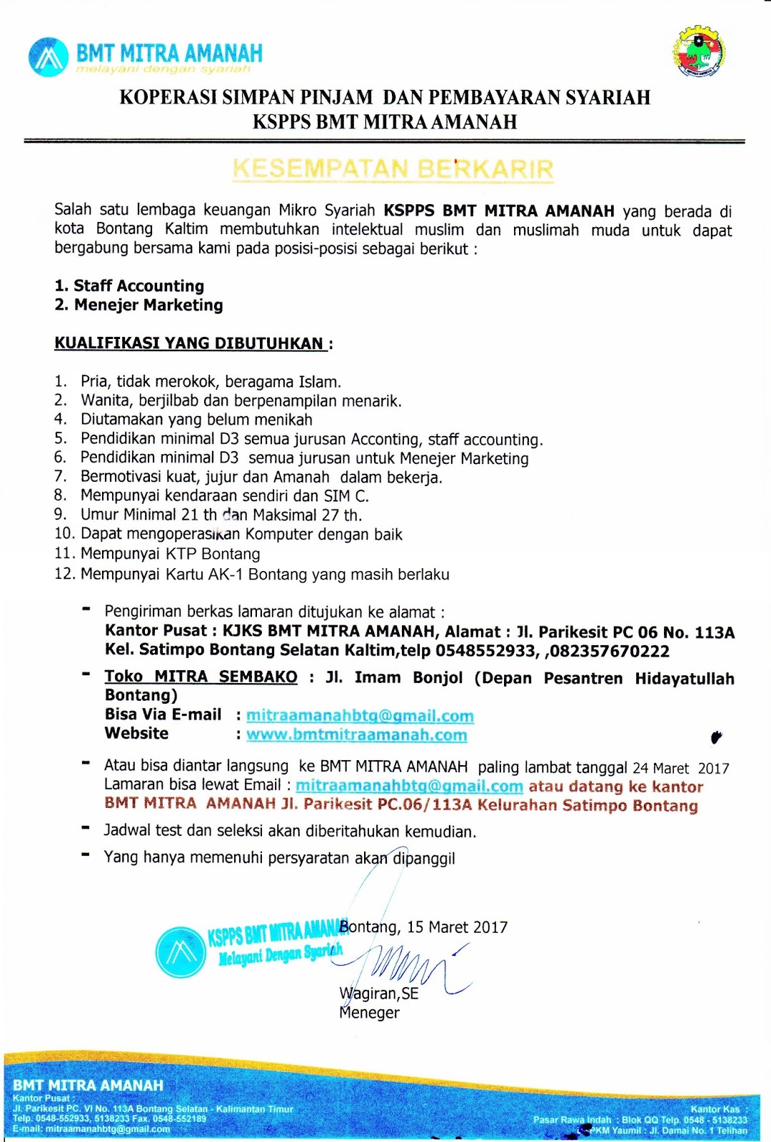 LOWONGAN BMT MITRA AMANAH - Job Seeker