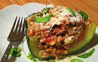 Slice of stuffed zucchini on plate