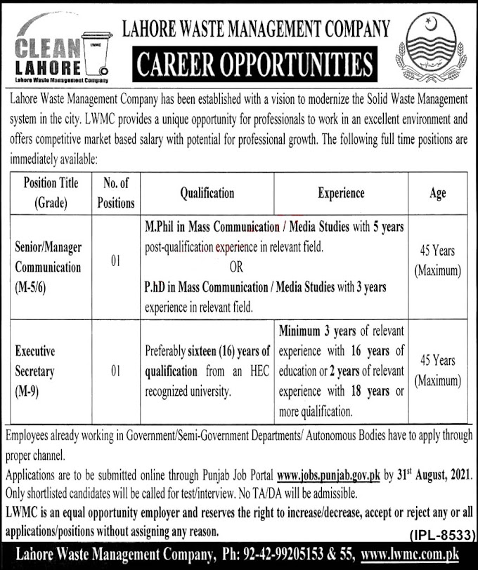  Lahore Waste Management Company LWMC Today Latest  Jobs 2021 |  Online Apply