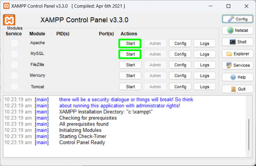 start xampp apache mysql server