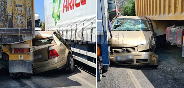Horrible accident on the Girne-Değirmenlik Mountain Road as vehicle get caught between two trucks