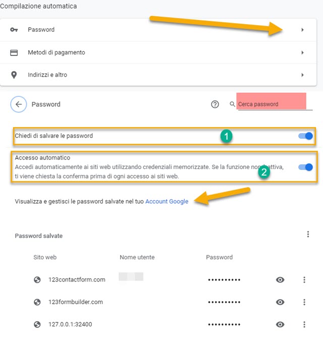 password salvate in chrome