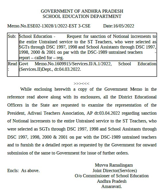 Request for sanction of Notional increments to the entire Untrained service to the ST Teachers, who were selected as SGTs through DSC 1997, 1998 and School Assistants through DSC 1997, 1998, 2000 & 2001 on par with the DSC-1989 untrained teachers