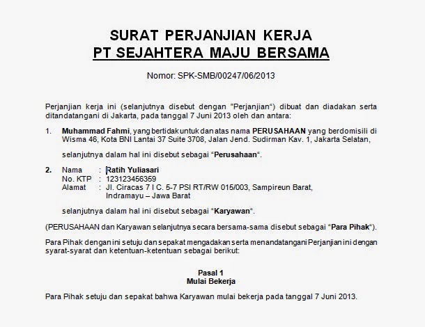 Contoh surat Perjanjian Kontrak Kerja Terbaru indonesia