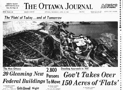 Ottawa Journal front page, top half, showing an aerial photo of LeBreton Flats prior to expropriation, and a photo of a model from a similar angle showing the buildings and roads as described in the paragraph above. Headlines '20 Gleaming New Federal Buildings' and 'Gov't Takes Over 150 Acres of 'Flats''.