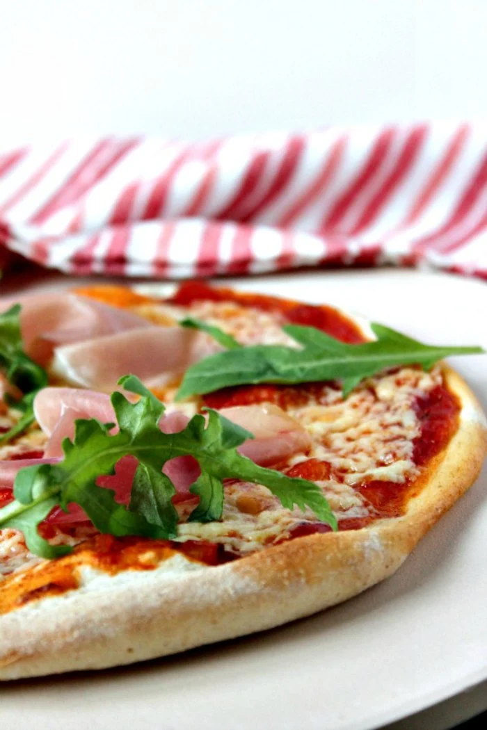 Aged Havarti Cheese, Prosciutto and Rocket Pizza 