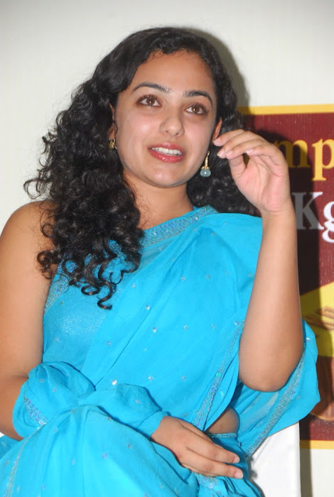 nitya menon spicy in blue saree unseen pics