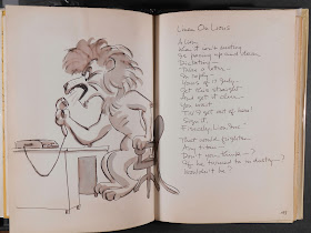 A poem titled "Lines on Lions." To its left is a watercolor illustration of a lion seated at a desk and shouting into a phone.